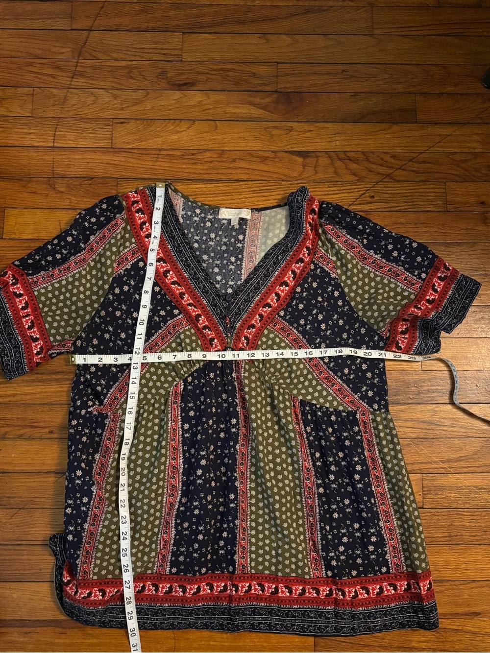 Suzanne Betro Navy, Olive & Red Patchwork Tunic Top